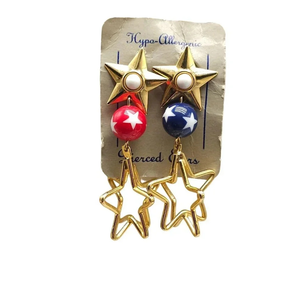 Red Blue Ball Beads Star Patriotic Dangle Drop Earrings Gold Tone Vintage